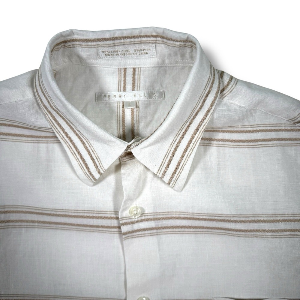 Perry‎ Ellis Shirt Men's Large Short Sleeve Button Up Linen Blend Striped